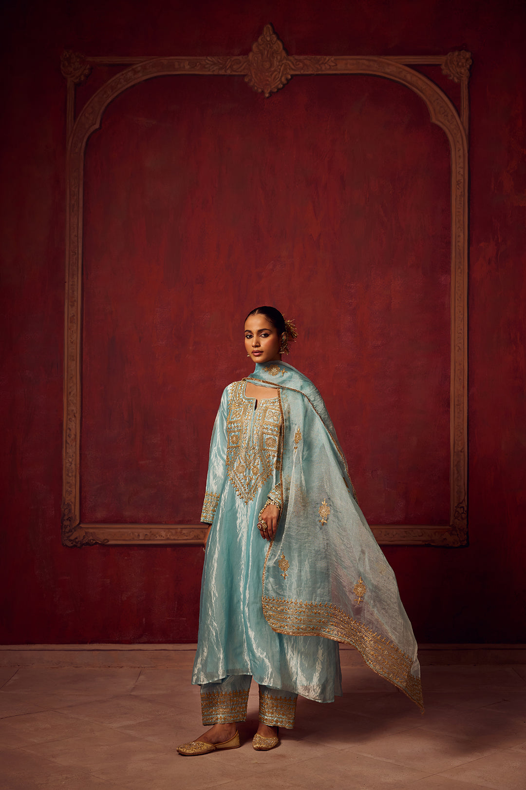 Ice Blue Tissue Anarkali Inayat Kurta Set of 3