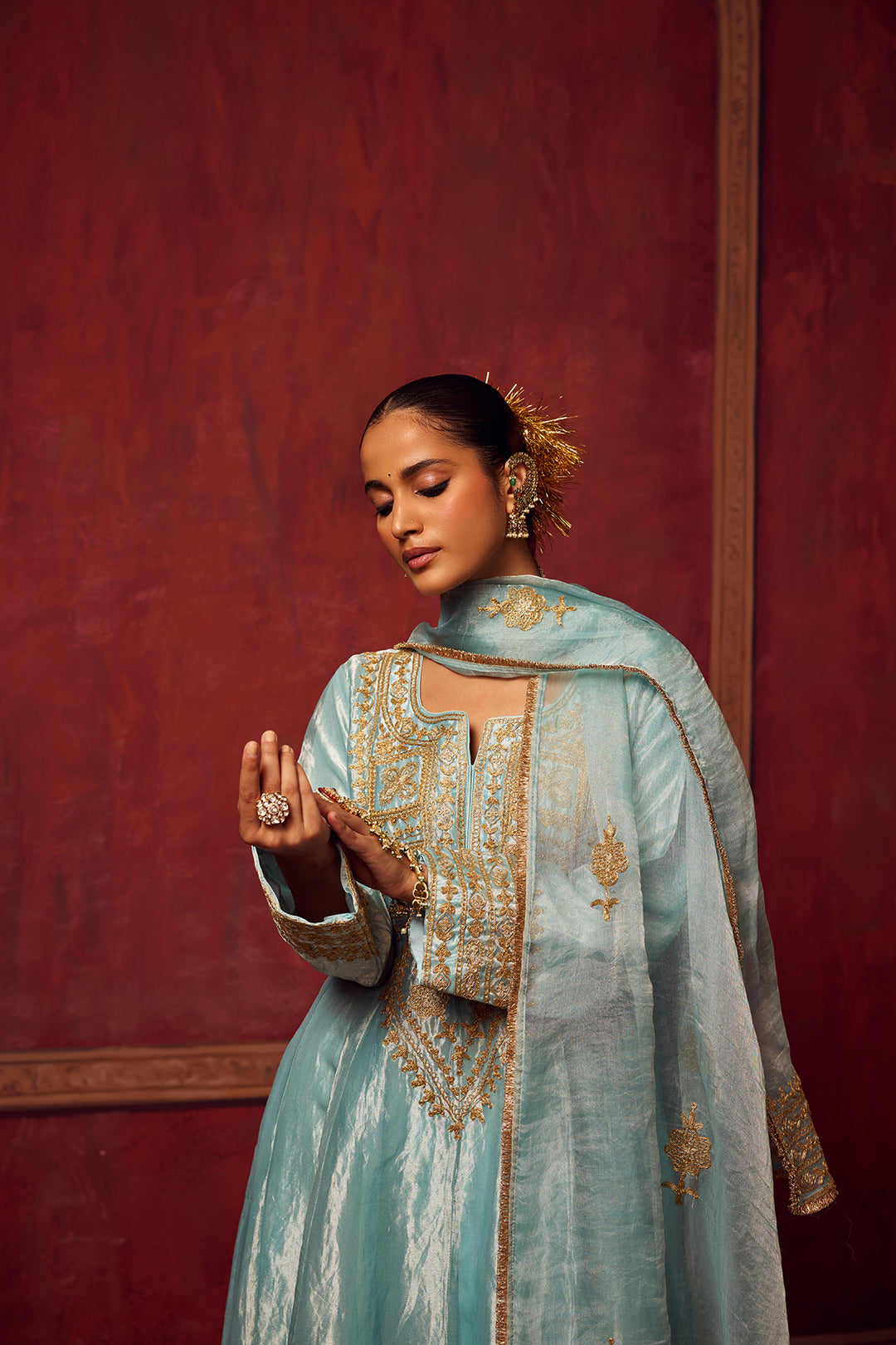 Ice Blue Tissue Anarkali Inayat Kurta Set of 3