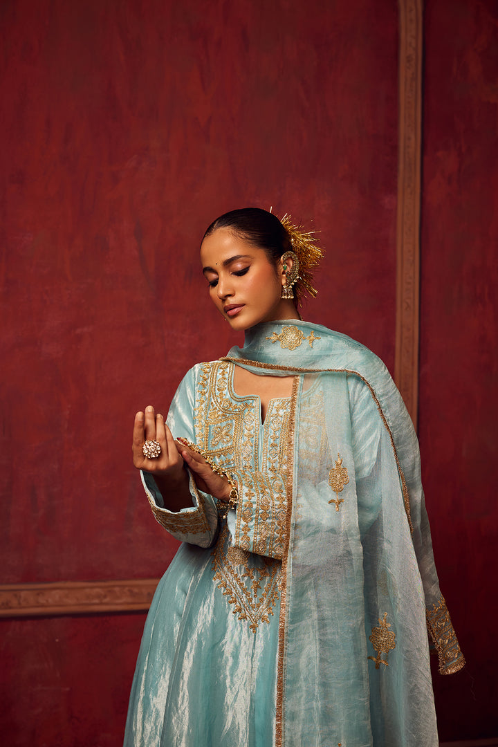 Ice Blue Tissue Anarkali Inayat Kurta Set of 3