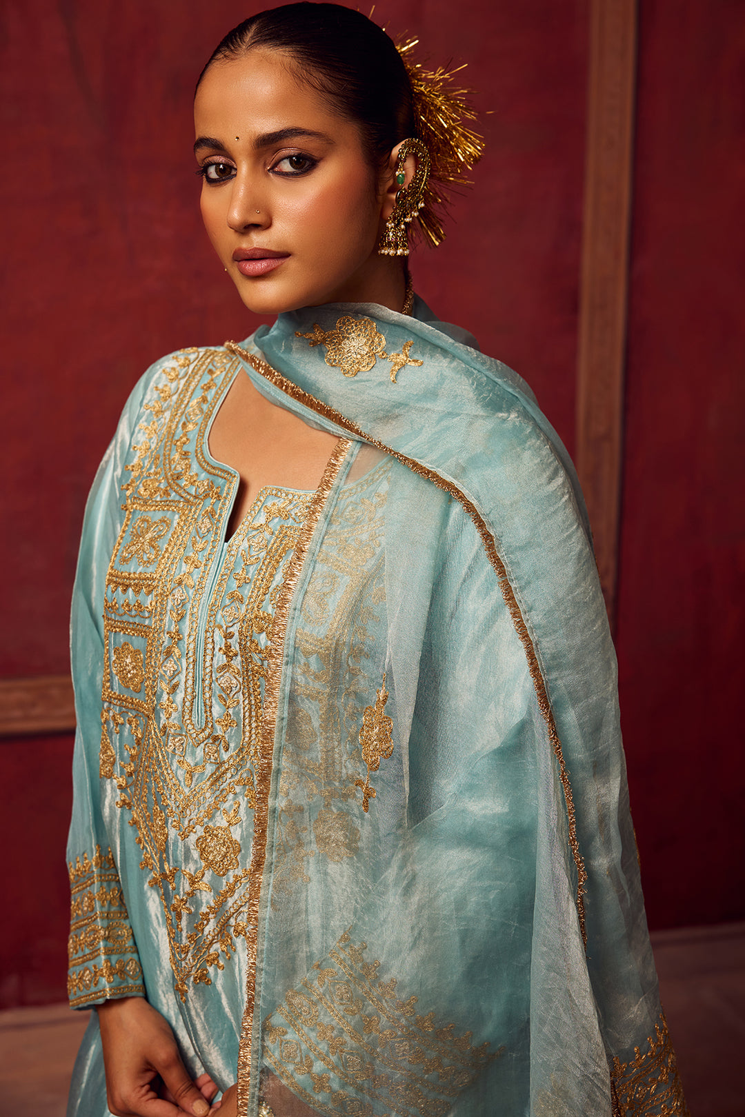Ice Blue Tissue Anarkali Inayat Kurta Set of 3