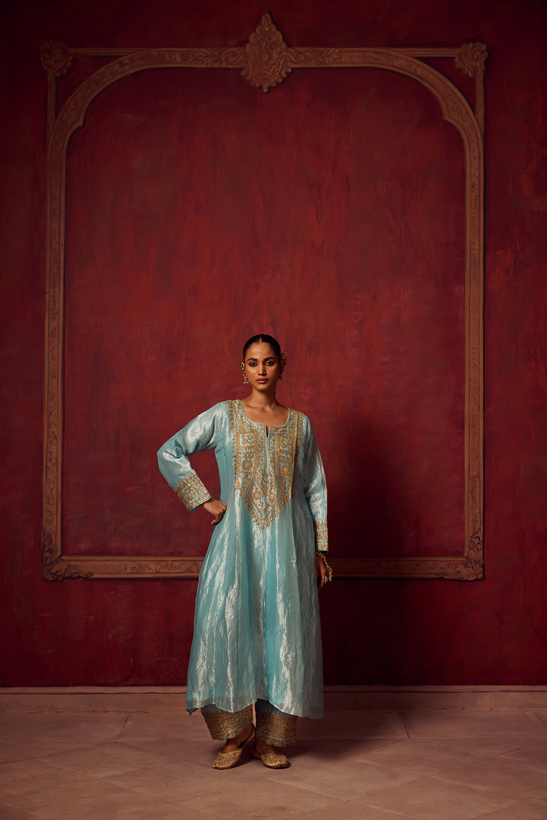 Ice Blue Tissue Anarkali Inayat Kurta Set of 3