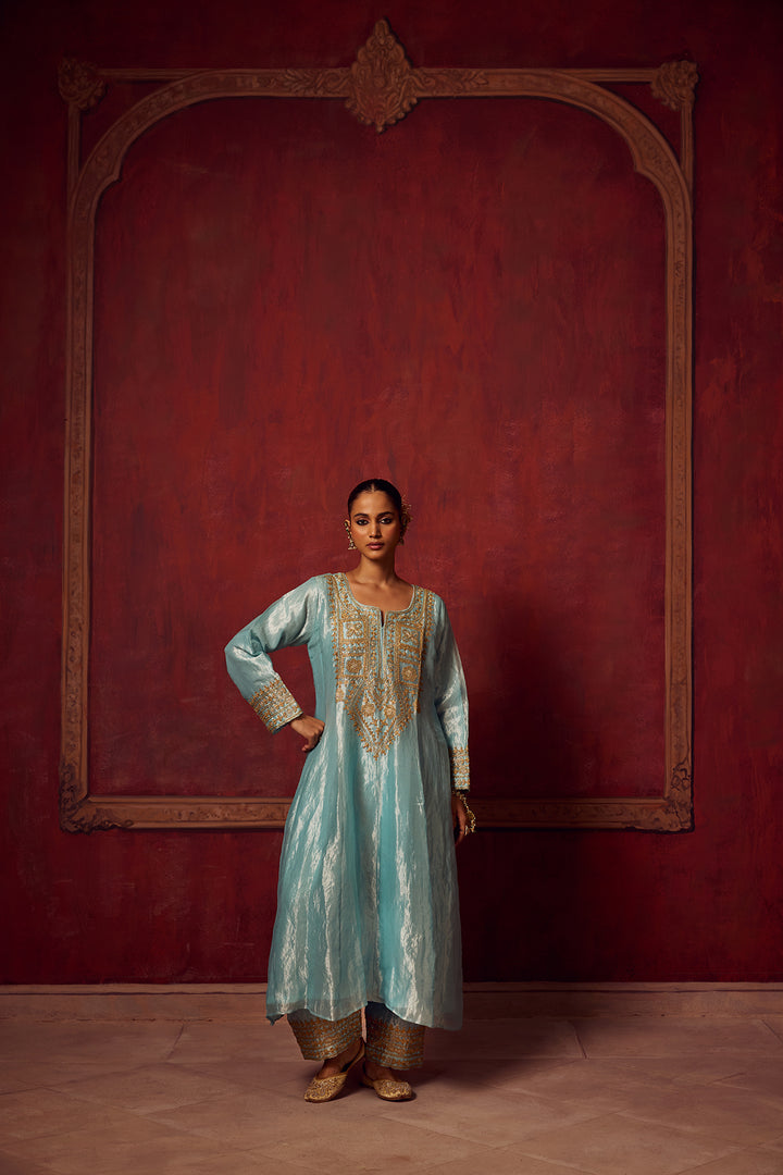 Ice Blue Tissue Anarkali Inayat Kurta Set of 3