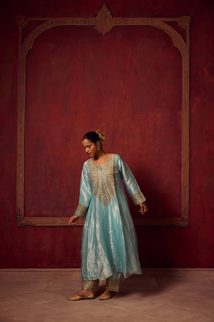 Ice Blue Tissue Anarkali Inayat Kurta Set of 3