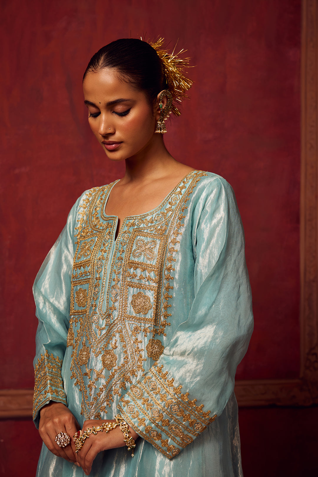 Ice Blue Tissue Anarkali Inayat Kurta Set of 3