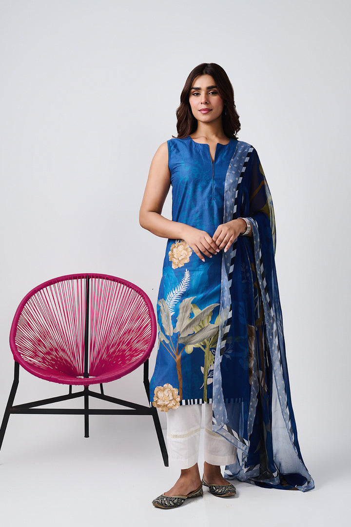 Noor Blue Sleevless Kurta-Set of 3