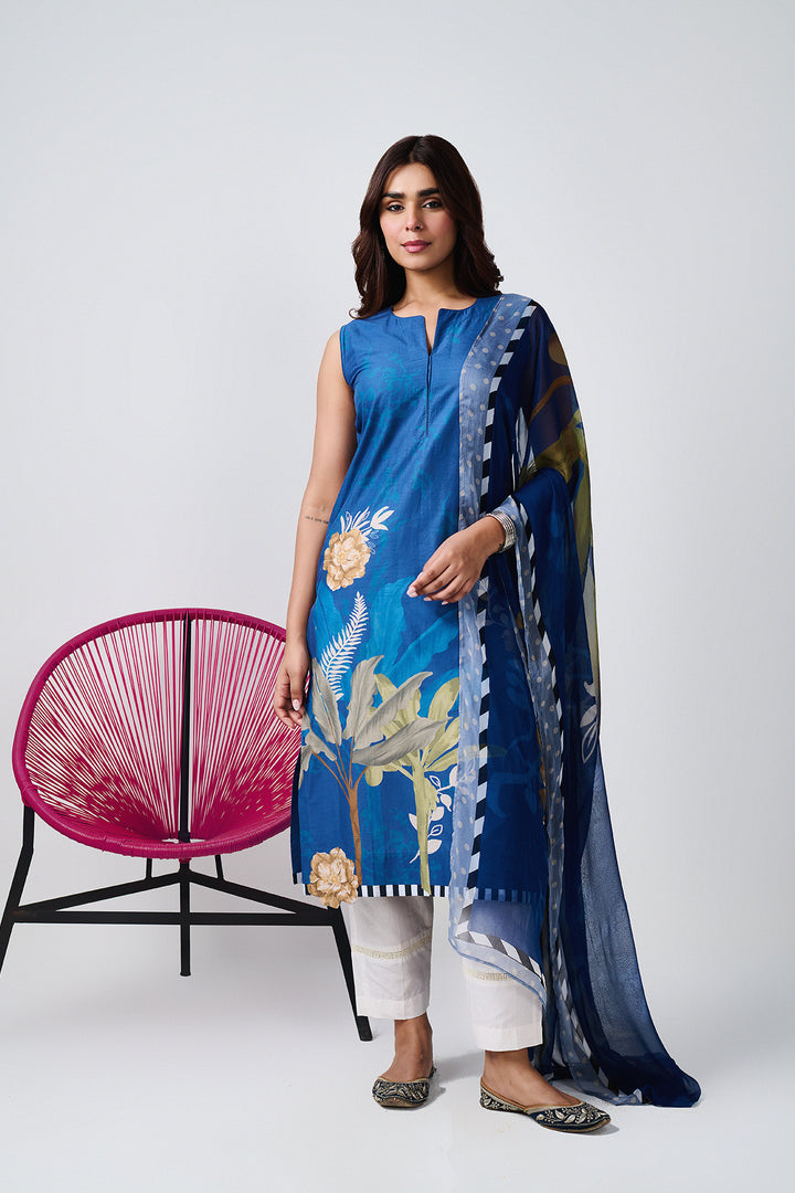 Noor Blue Sleevless Kurta-Set of 3