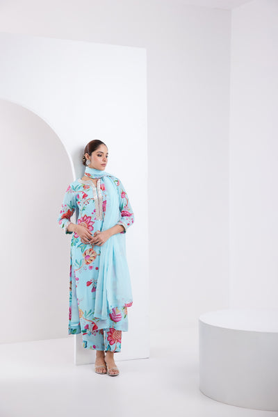 Kamal Aqua Blue Printed Kurta Set of 3