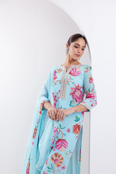 Kamal Aqua Blue Printed Kurta Set of 3