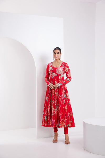 Kamal Red printed Anarkali with Chooridar and Dupatta- Set of 3