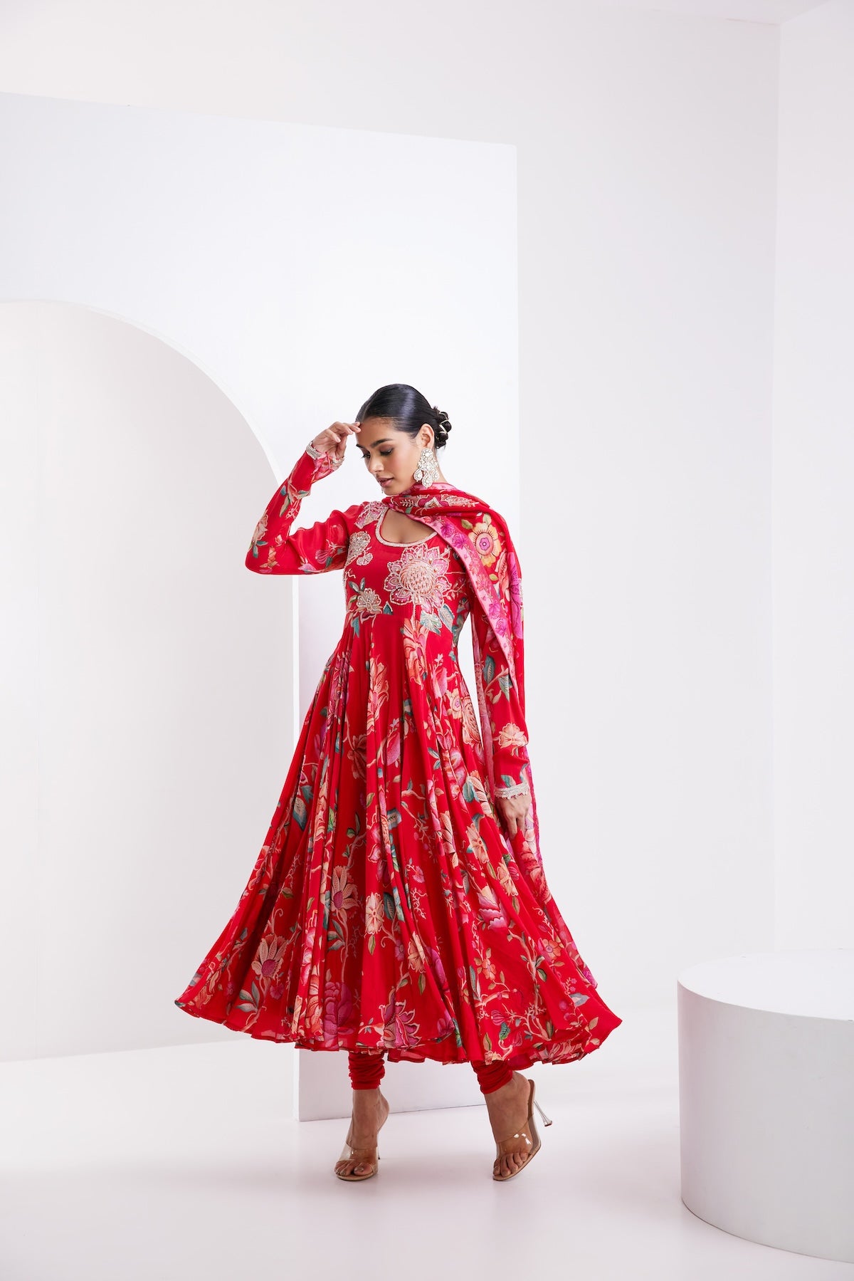 Kamal Red printed Anarkali with Chooridar and Dupatta- Set of 3