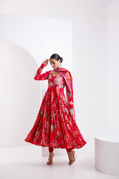 Kamal Red printed Anarkali with Chooridar and Dupatta- Set of 3