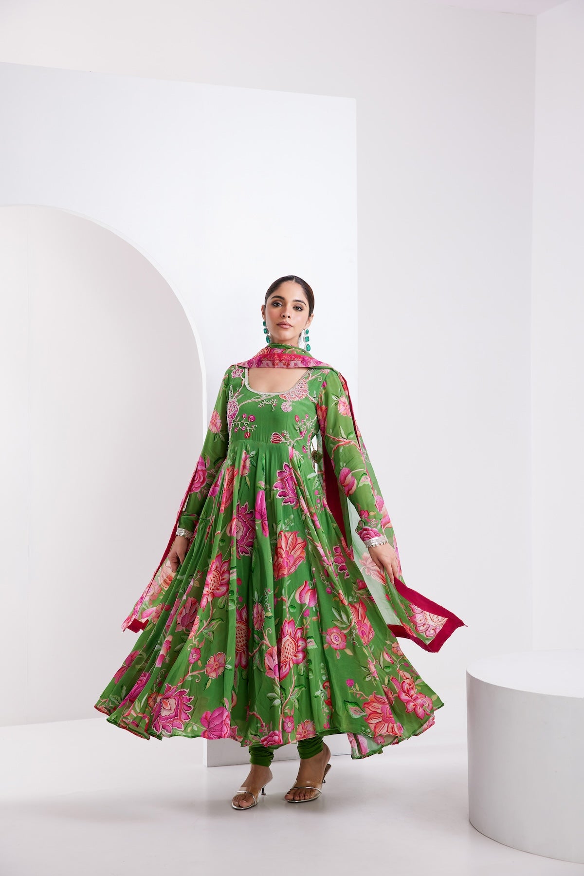 Kamal Green printed Anarkali with Chooridar and Dupatta- Set of 3