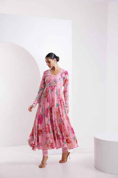 Kamal Pink printed Anarkali with Chooridar and Dupatta- Set of 3