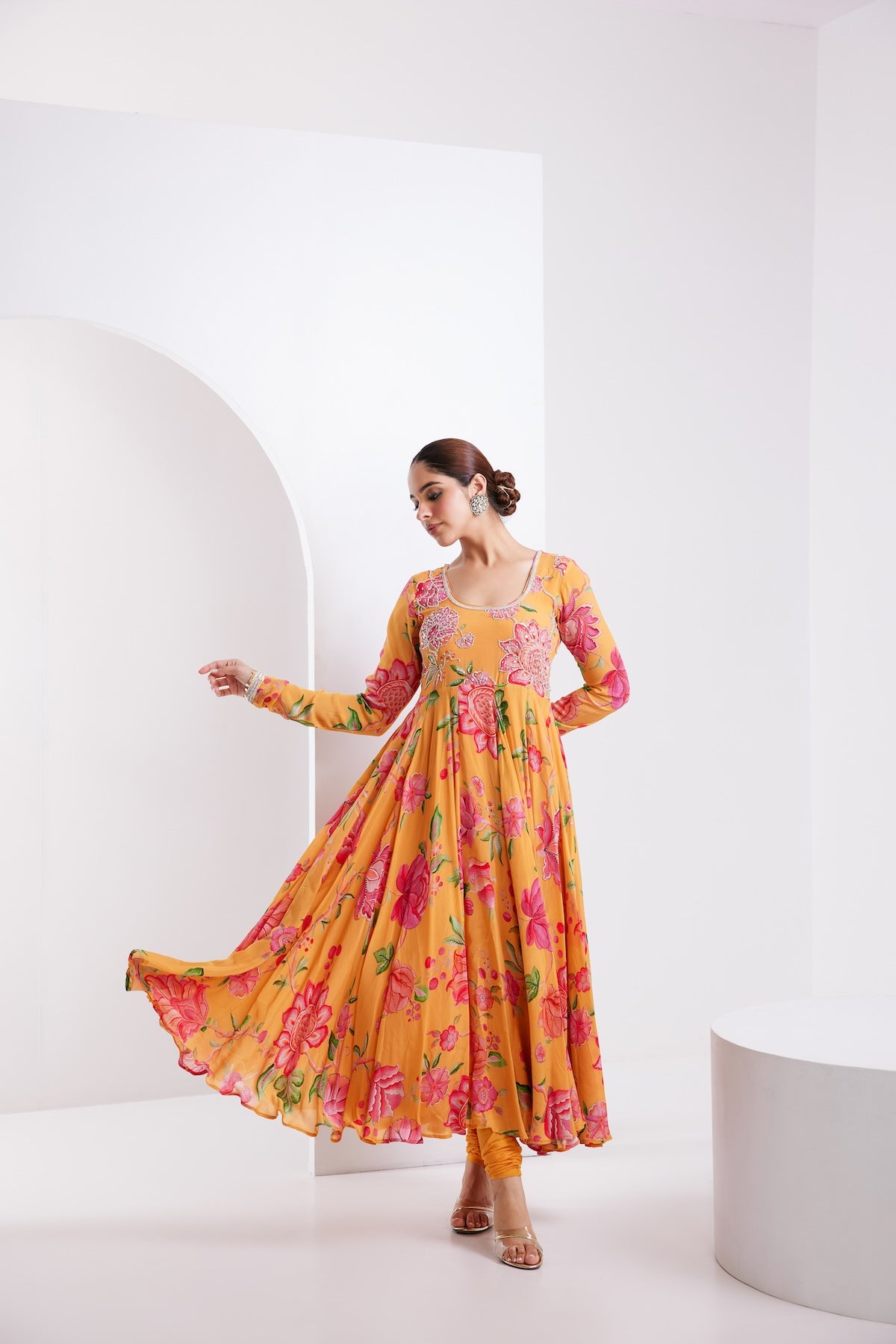 Kamal Yellow printed Anarkali with Chooridar and Dupatta- Set of 3