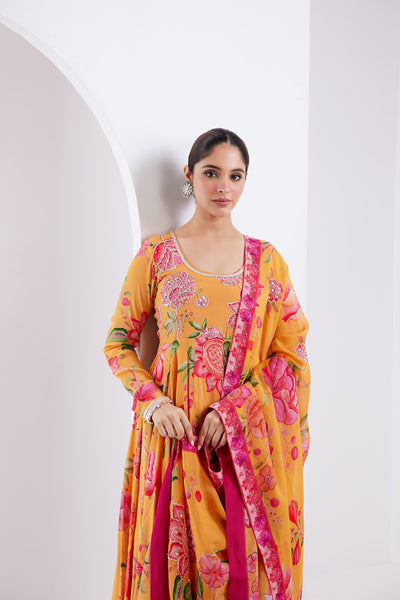 Kamal Yellow printed Anarkali with Chooridar and Dupatta- Set of 3