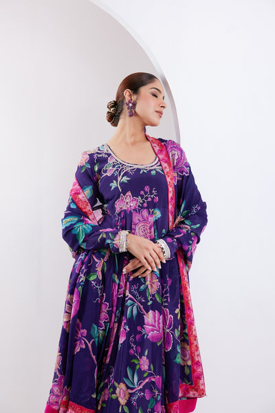 Kamal Purple printed Anarkali with Chooridar and Dupatta- Set of 3