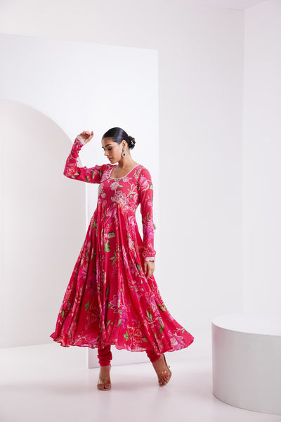 Kamal Hot Pink printed Anarkali with Chooridar and Dupatta- Set of 3