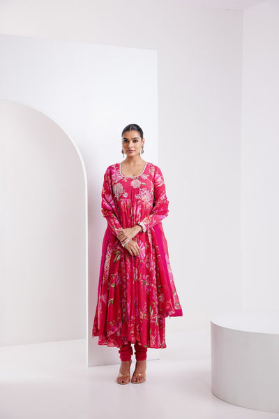 Kamal Hot Pink printed Anarkali with Chooridar and Dupatta- Set of 3