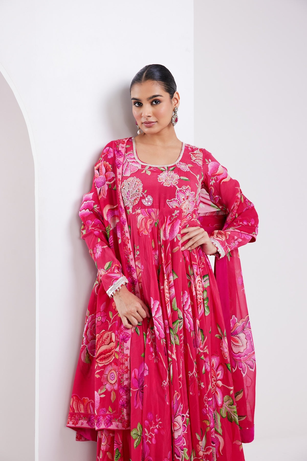 Kamal Hot Pink printed Anarkali with Chooridar and Dupatta- Set of 3