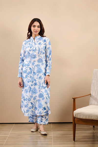 Linen Blue Long Kurta Set- SET OF 2