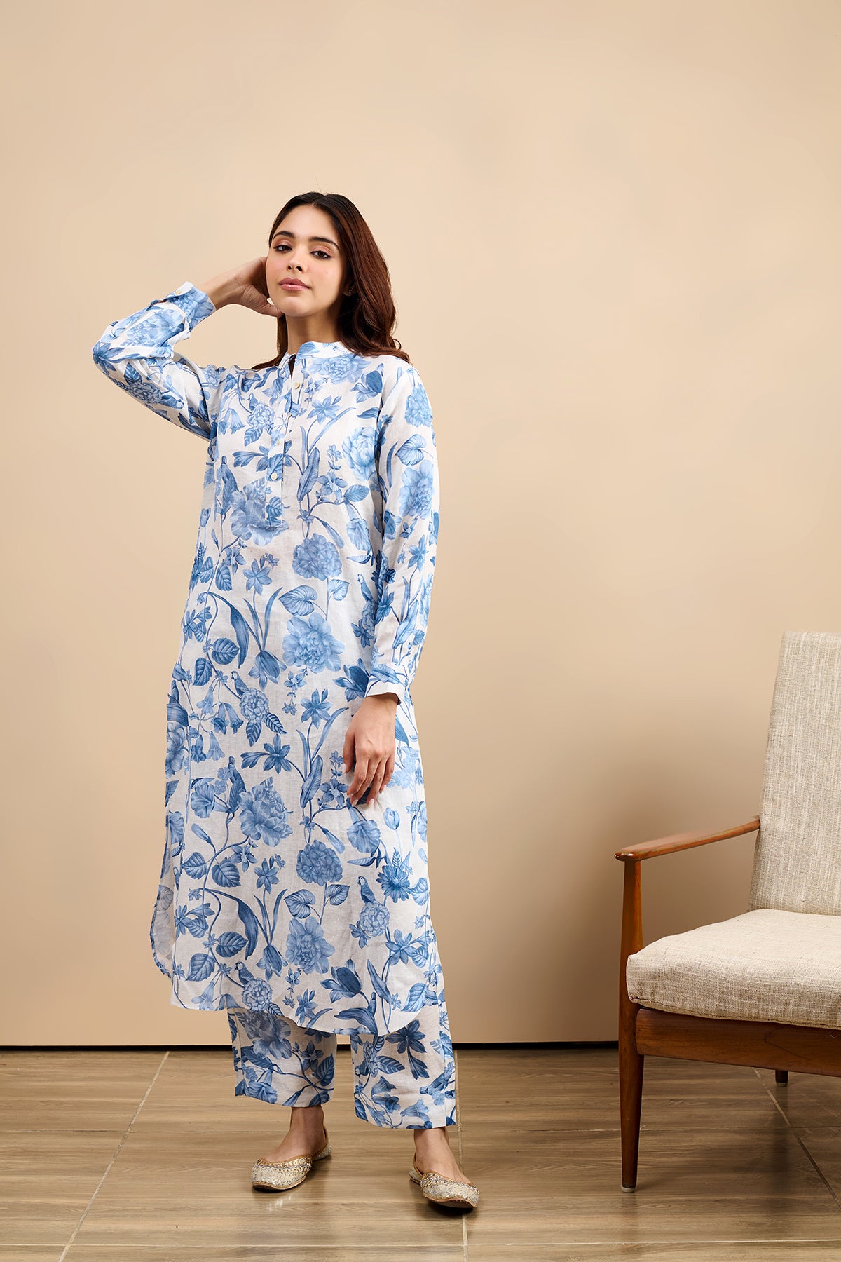 Linen Blue Long Kurta Set- SET OF 2