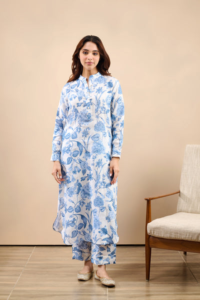 Linen Blue Long Kurta Set- SET OF 2