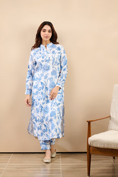 Linen Blue Long Kurta Set- SET OF 2