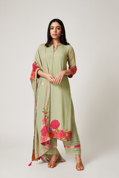 Azalea Sage Green Kurta Palazzo-Set of 3