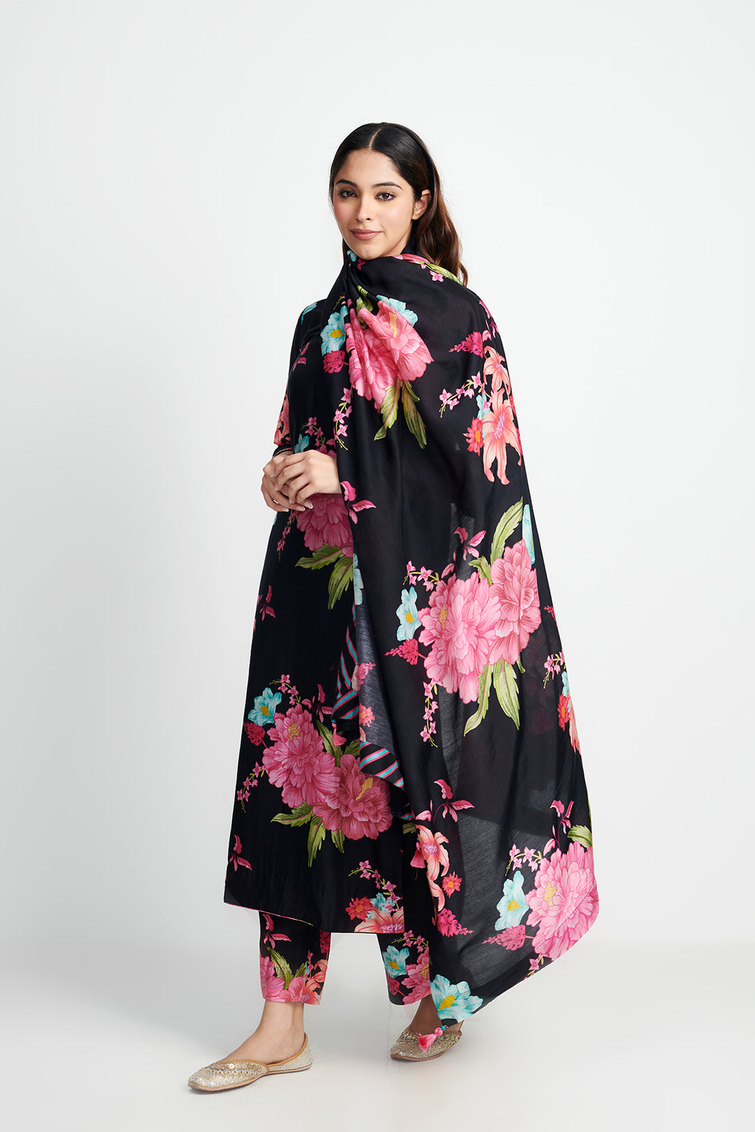 Floral Fiesta Black EMBROIDERED KURTA SET of 3