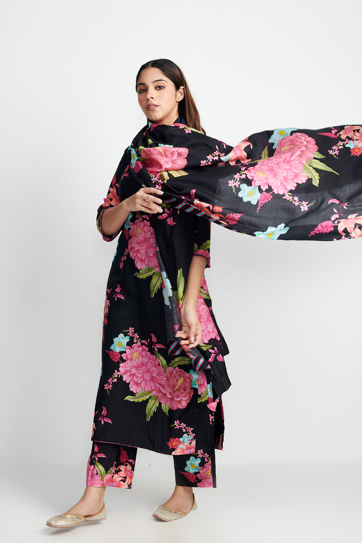 Floral Fiesta Black EMBROIDERED KURTA SET of 3
