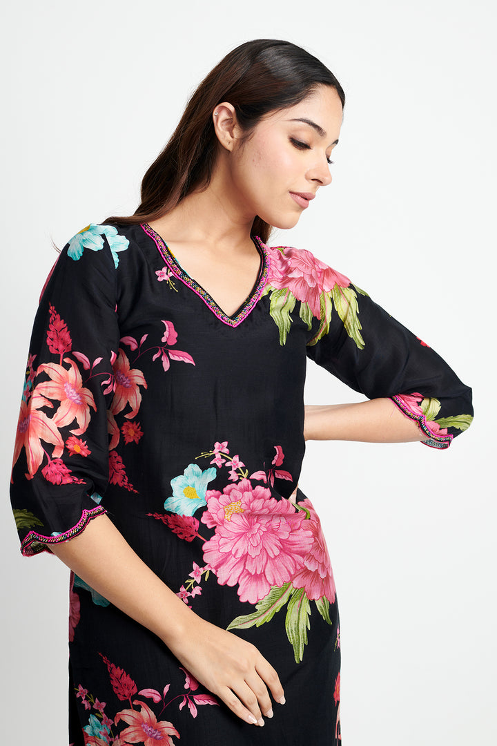 Floral Fiesta Black EMBROIDERED KURTA SET of 3