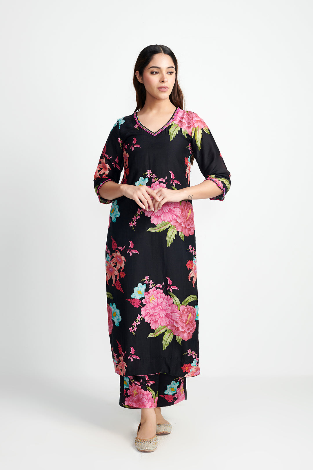 Floral Fiesta Black EMBROIDERED KURTA SET of 3