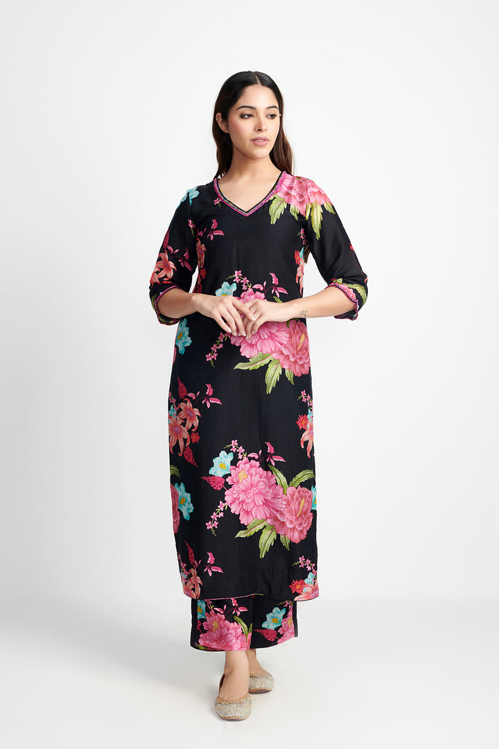Floral Fiesta Black EMBROIDERED KURTA SET of 3