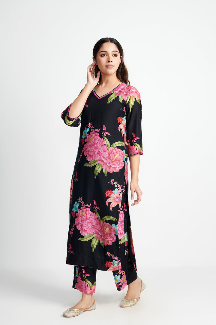Floral Fiesta Black EMBROIDERED KURTA SET of 3