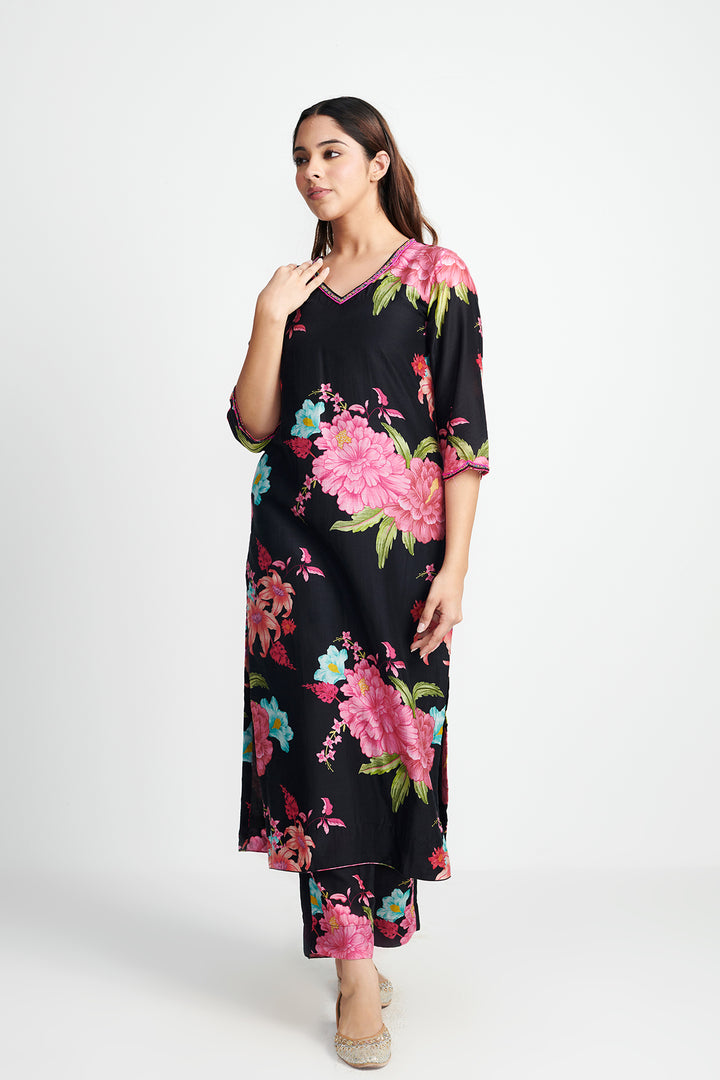 Floral Fiesta Black EMBROIDERED KURTA SET of 3
