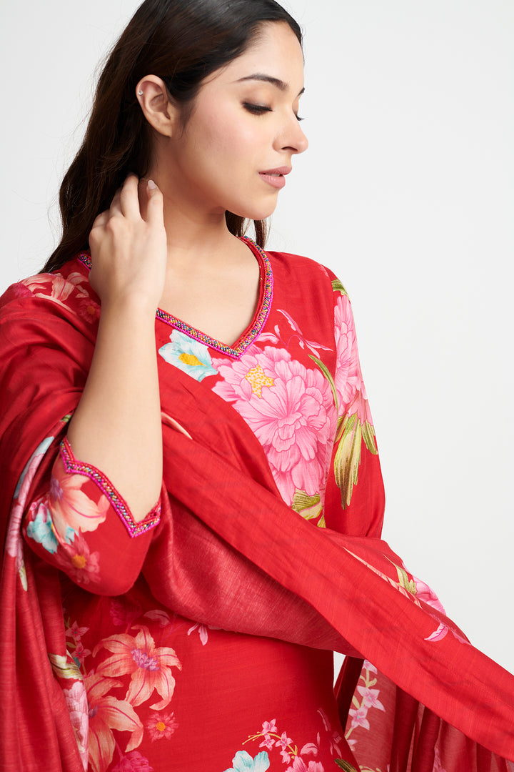 Floral Fiesta Red EMBROIDERED KURTA SET of 3