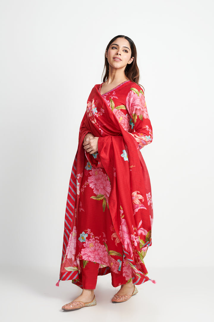 Floral Fiesta Red EMBROIDERED KURTA SET of 3