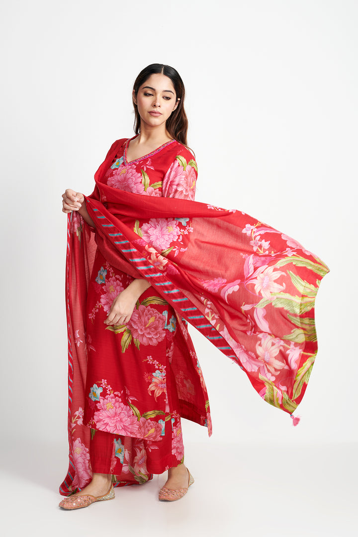 Floral Fiesta Red EMBROIDERED KURTA SET of 3