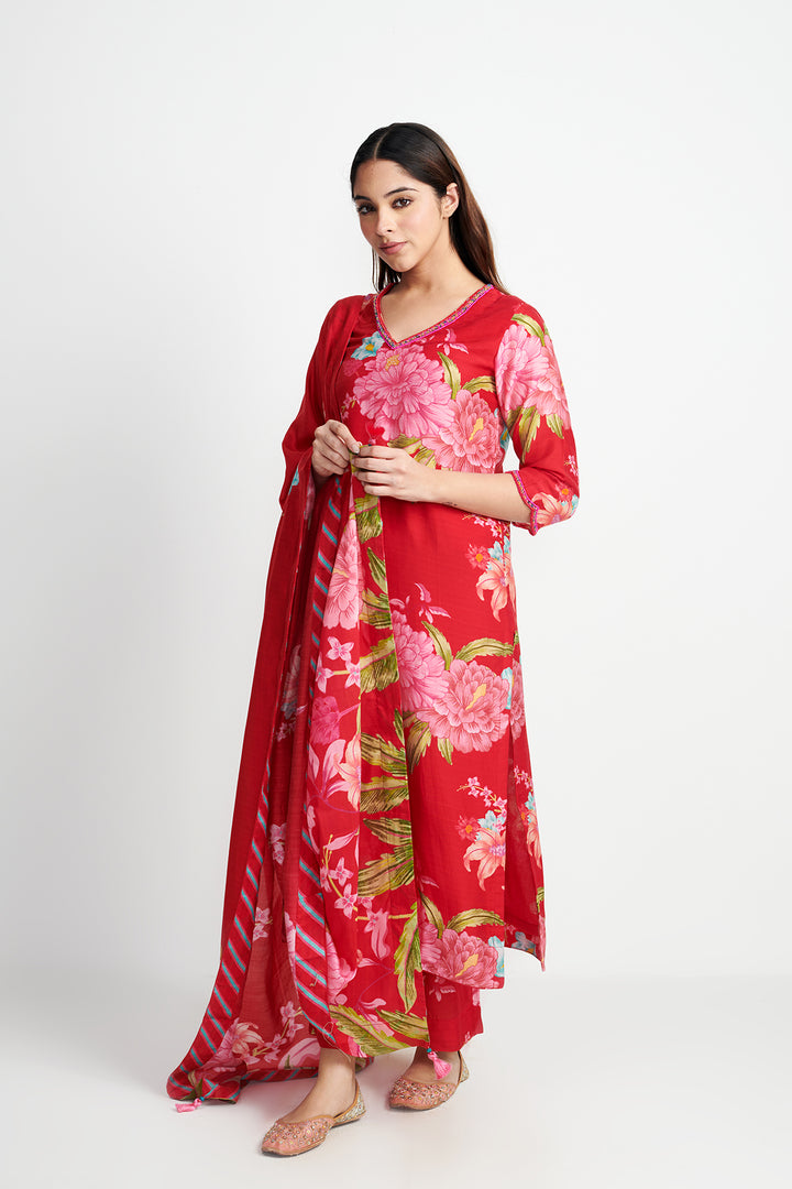 Floral Fiesta Red EMBROIDERED KURTA SET of 3