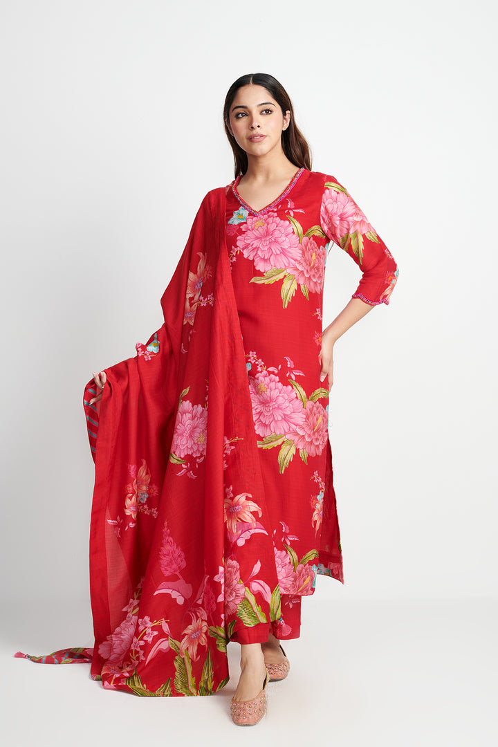 Floral Fiesta Red EMBROIDERED KURTA SET of 3