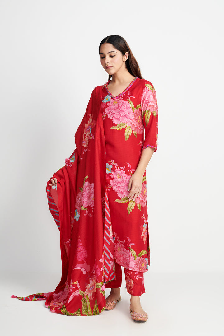Floral Fiesta Red EMBROIDERED KURTA SET of 3