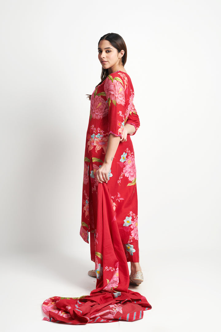 Floral Fiesta Red EMBROIDERED KURTA SET of 3