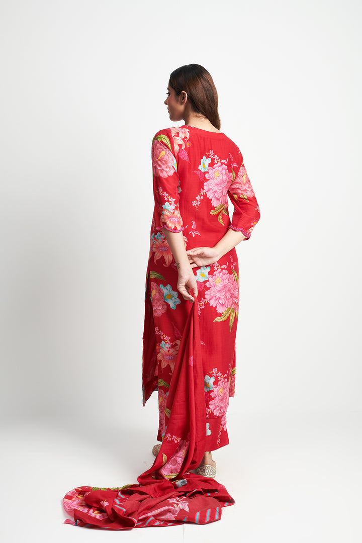 Floral Fiesta Red EMBROIDERED KURTA SET of 3