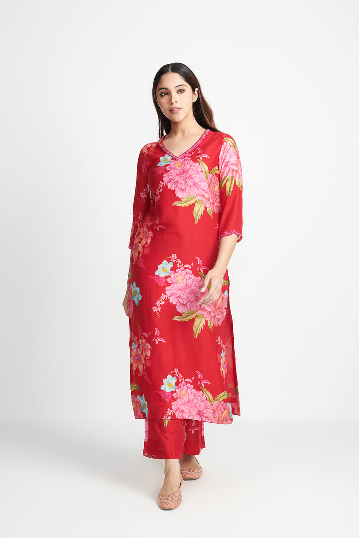 Floral Fiesta Red EMBROIDERED KURTA SET of 3