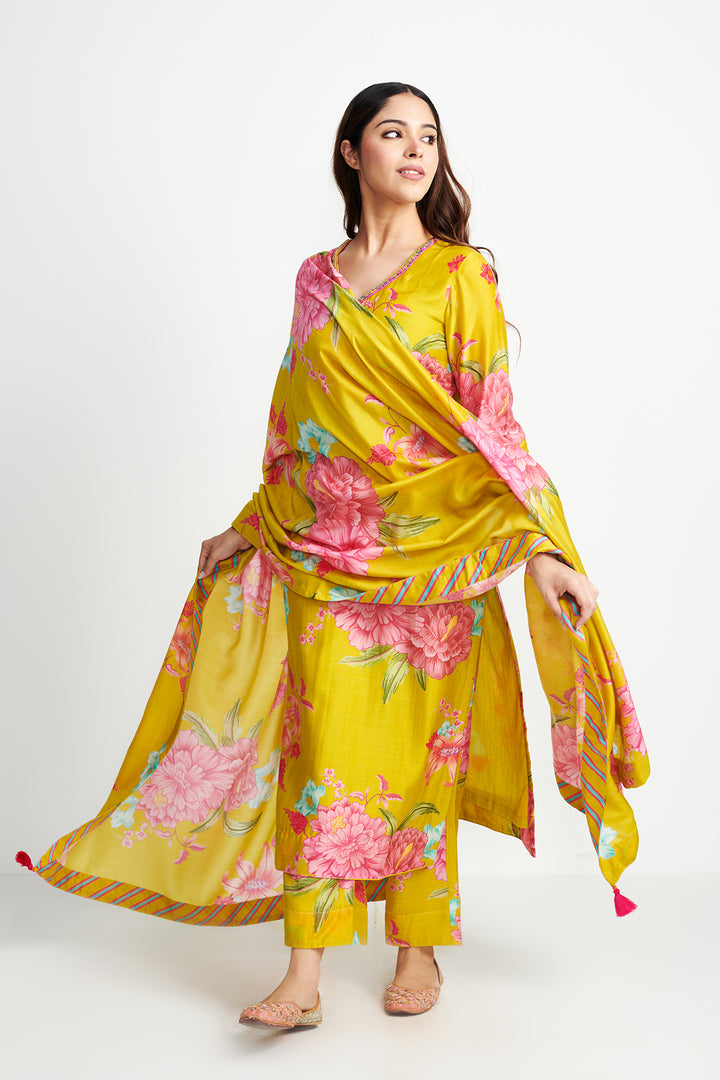 Floral Fiesta Lime Green EMBROIDERED KURTA SET of 3