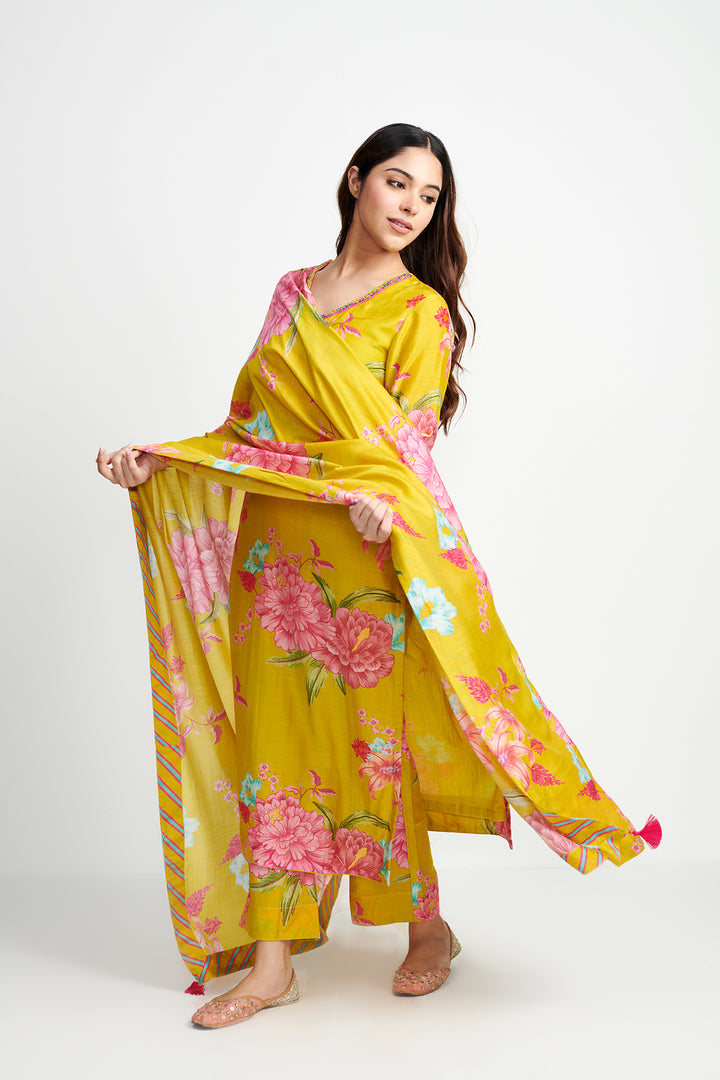 Floral Fiesta Lime Green EMBROIDERED KURTA SET of 3