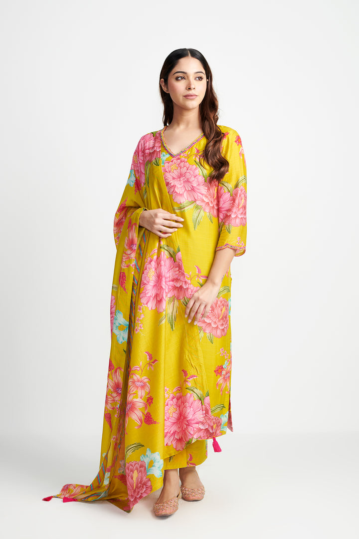 Floral Fiesta Lime Green EMBROIDERED KURTA SET of 3