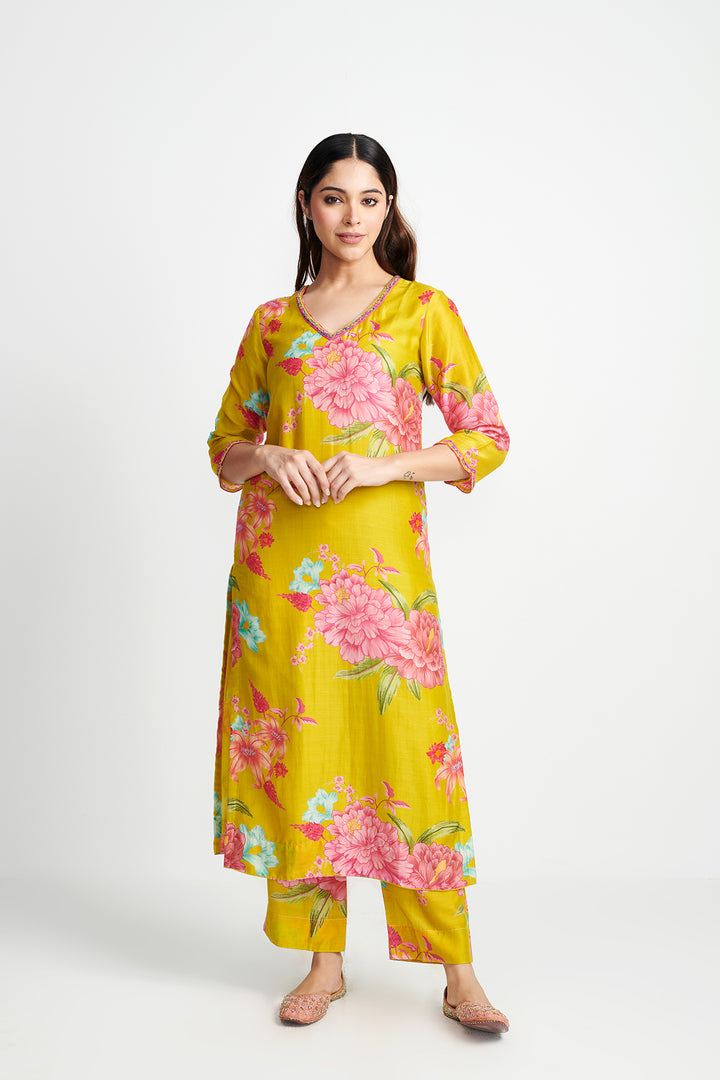 Floral Fiesta Lime Green EMBROIDERED KURTA SET of 3