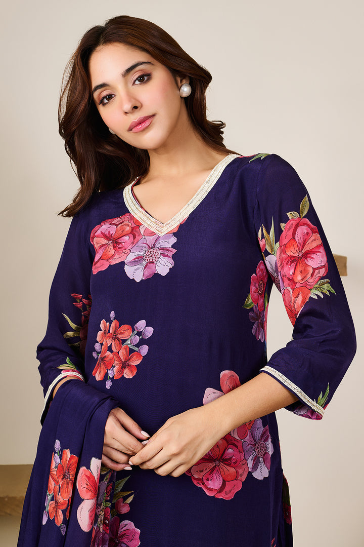 Zoya Purple Hand Embroidered Kurta set of 3