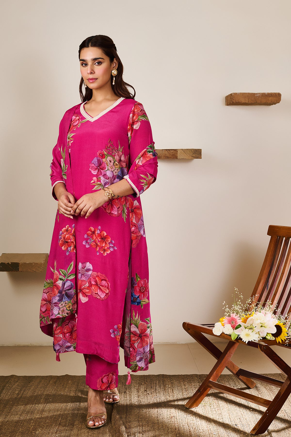 Zoya Hot Pink Hand Embroidered Kurta set of 3